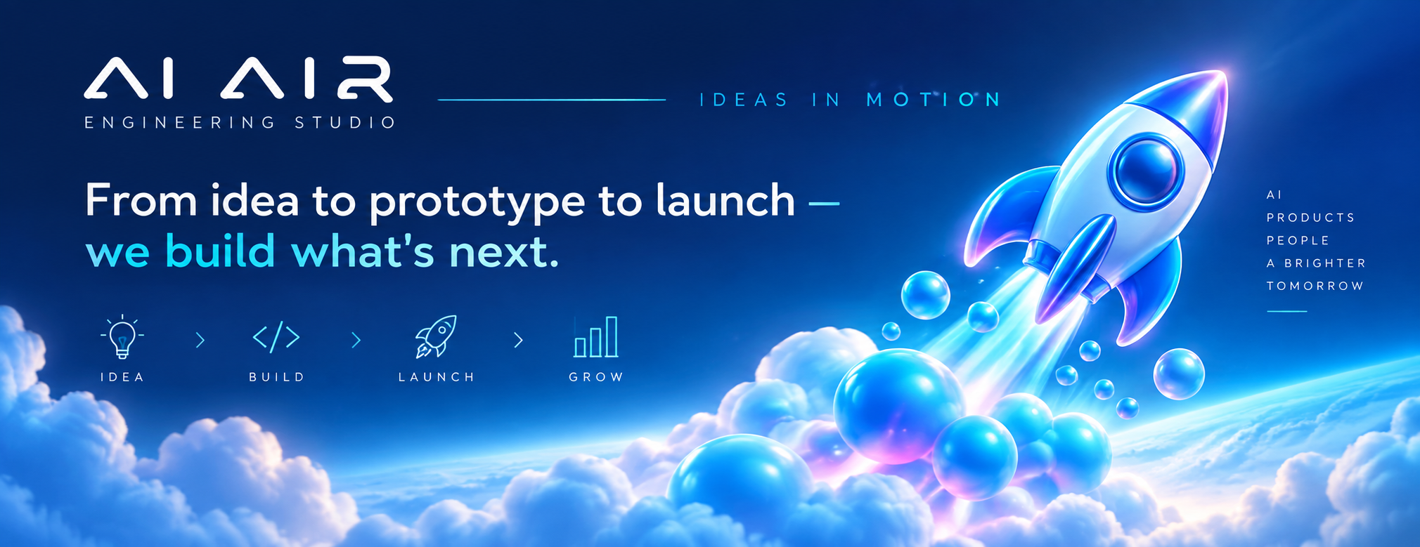 AI Air Engineering Studio — a rocket moves through Idea, Build, Launch, and Grow.