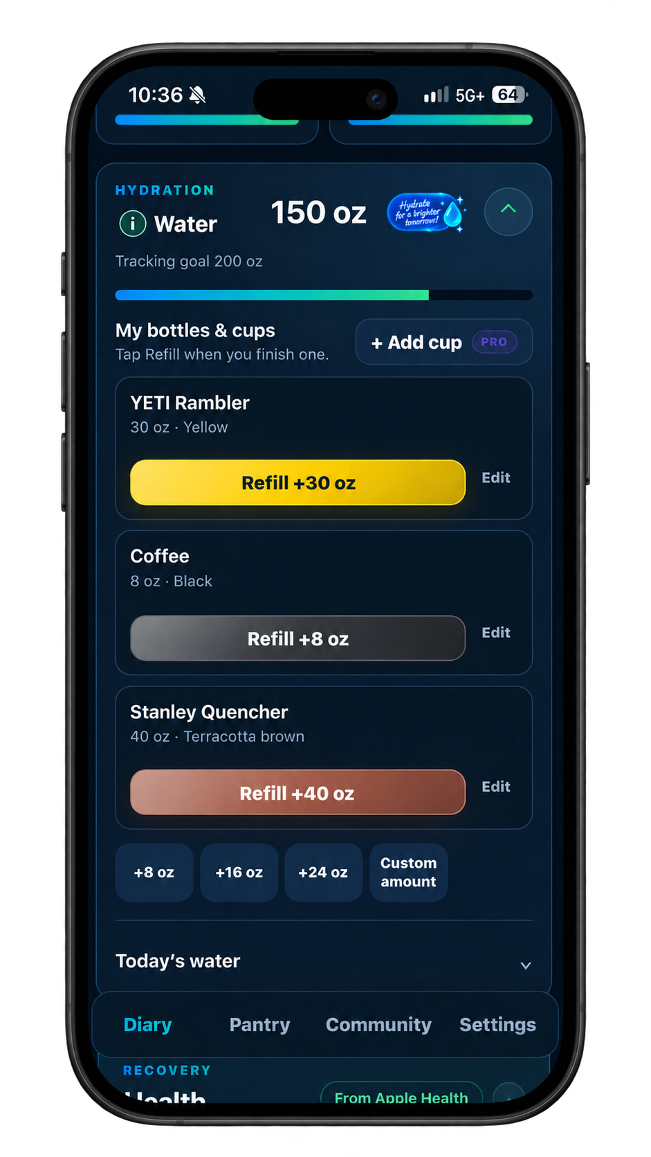 MyFuel hydration bottles screen