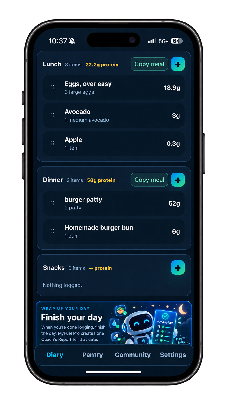 MyFuel meals diary screen