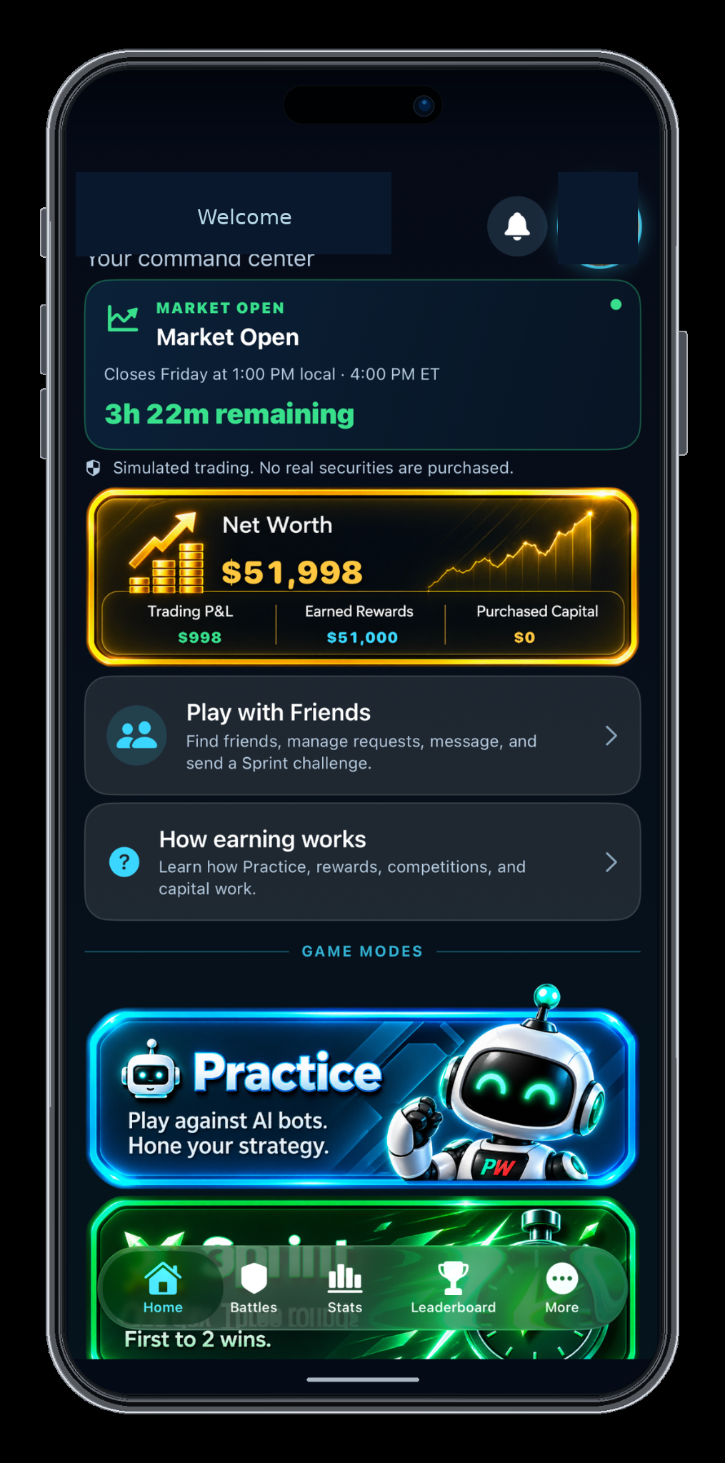 Paper Wars home dashboard